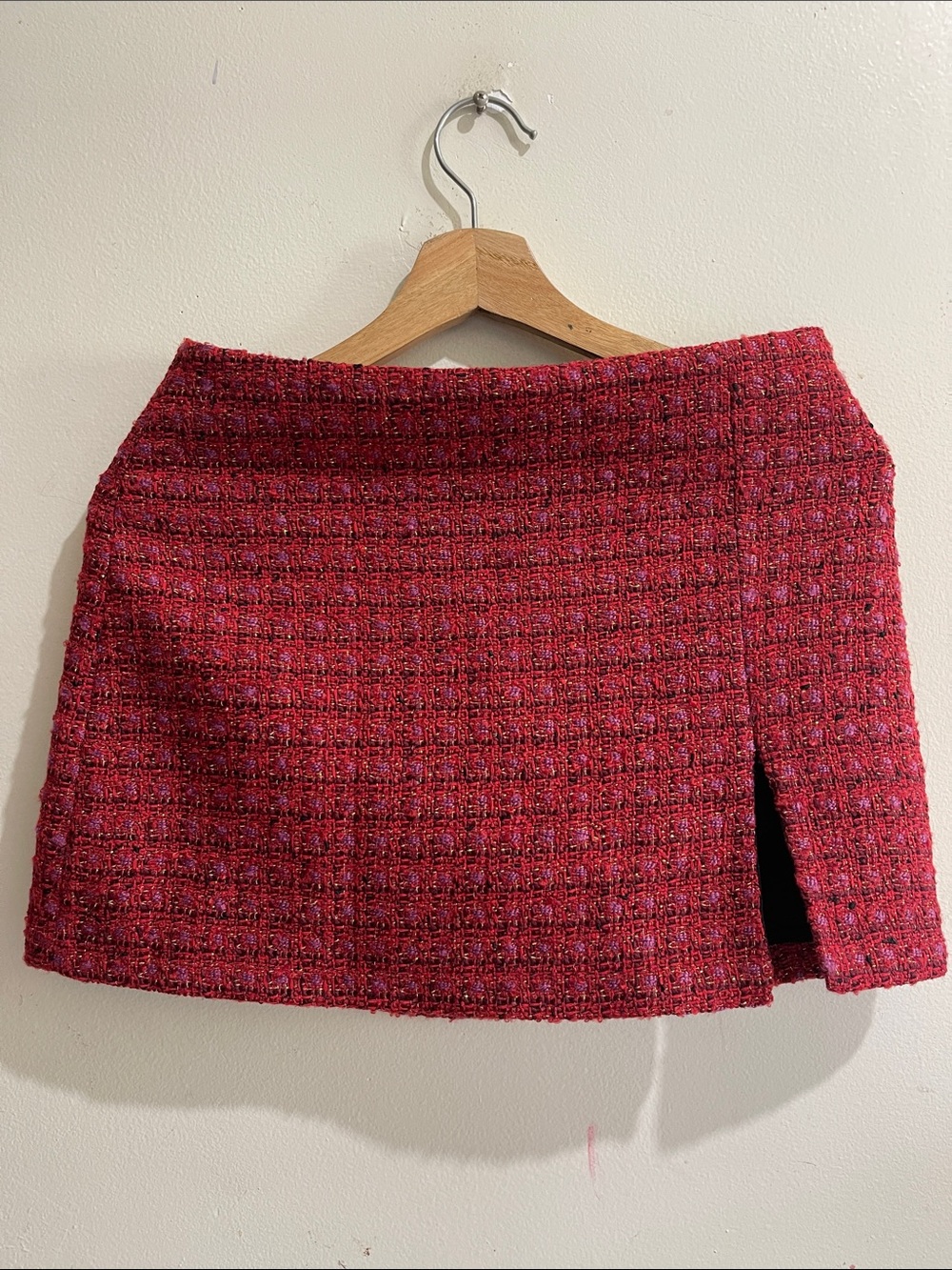 Amanda Uprichard Red-Pink Tweed Mini Skirt with Side Slit